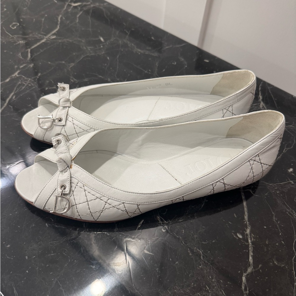 CHRISTIAN DIOR Leather Cannage Peep Toe Ballerina Flats 36.5 white